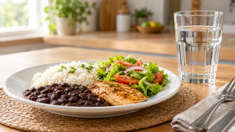 Prato de comida com um copo de água ao lado, ilustrando o mito de que beber água durante as refeições faz mal.