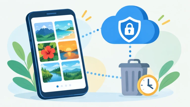 Celular com galeria de fotos conectado por linhas a uma nuvem protegida, ilustrando o backup do Google Fotos.