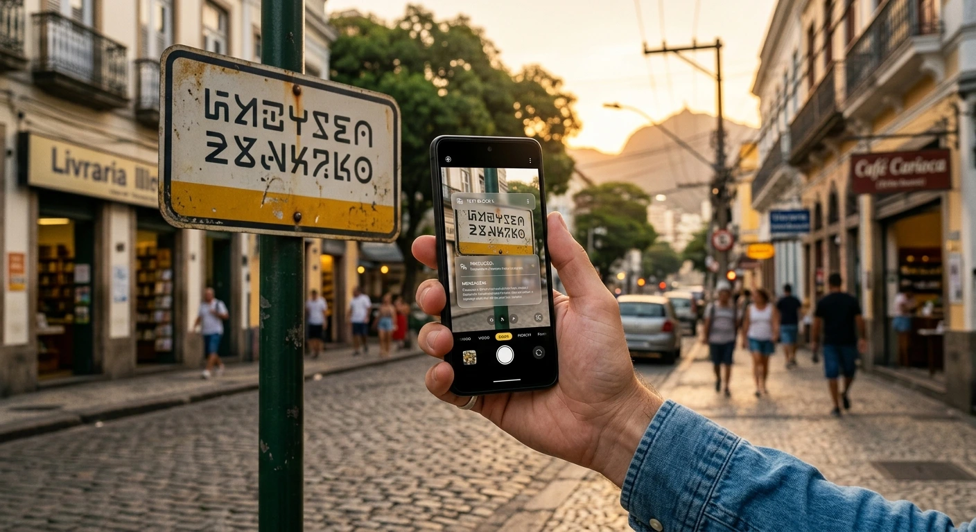 Celular com câmera apontada para placa de rua, mostrando texto traduzido sobreposto, ilustrando o uso do Google Tradutor.