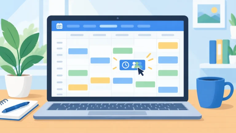 Tela de notebook com agenda semanal genérica, blocos coloridos de eventos e ícones de convidados, ilustrando o Google Agenda.