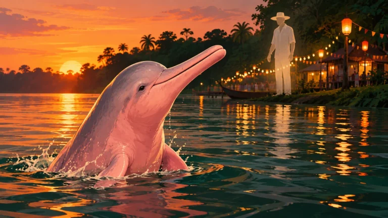 Boto cor-de-rosa saindo da água de um rio amazônico, com silhueta de homem de branco e chapéu ao fundo, ilustrando a lenda.