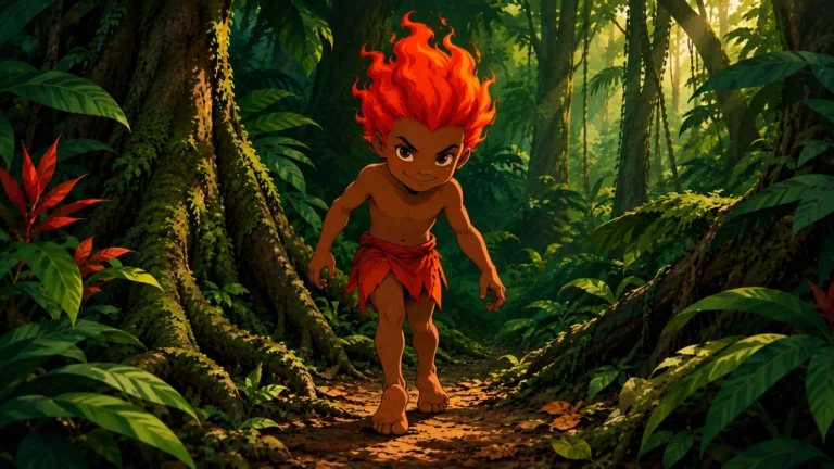 Criatura com cabelos em chamas e pés virados para trás em uma floresta densa, ilustrando o mito do Curupira, protetor da mata.