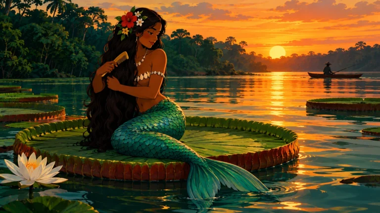 Iara, sereia de cabelos longos sobre uma vitória-régia em rio amazônico ao entardecer, ilustrando a lenda da mãe das águas.