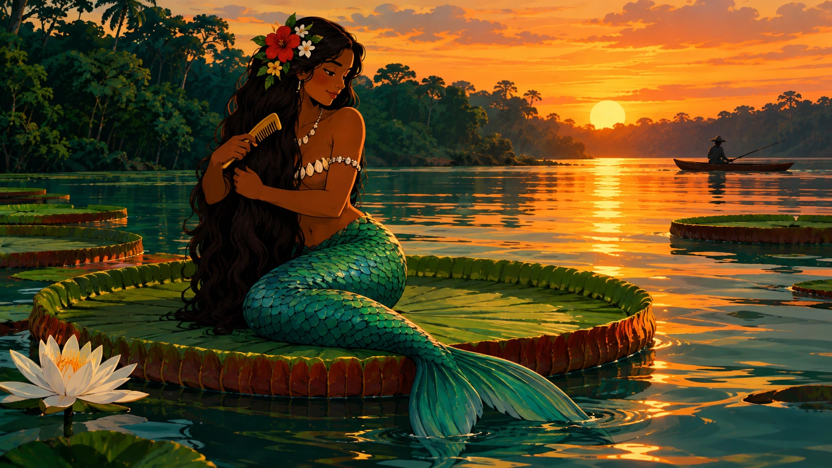 Iara, sereia de cabelos longos sobre uma vitória-régia em rio amazônico ao entardecer, ilustrando a lenda da mãe das águas.