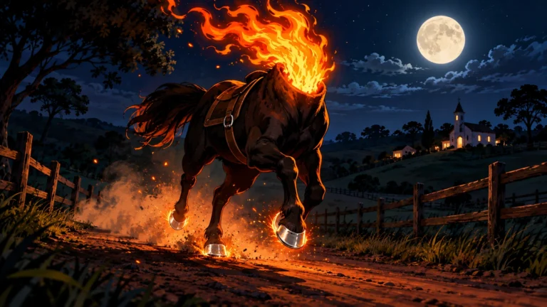 Mula sem cabeça, com fogo saindo do pescoço, galopando por uma estrada de terra à noite, ilustrando a lenda.