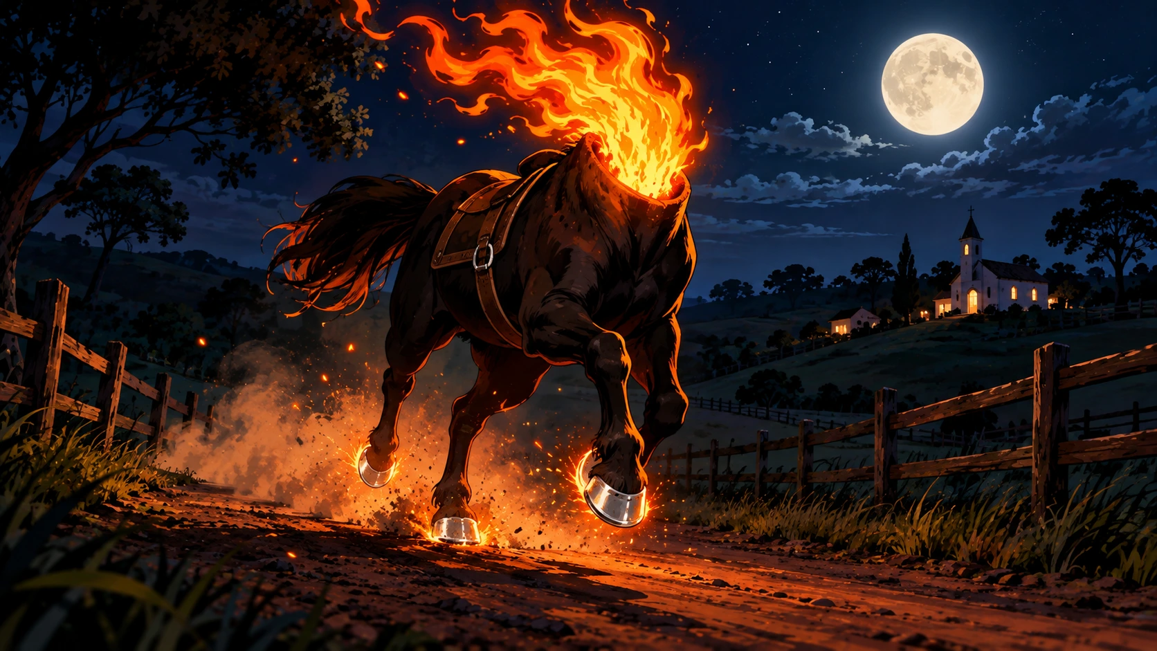 Mula sem cabeça, com fogo saindo do pescoço, galopando por uma estrada de terra à noite, ilustrando a lenda.