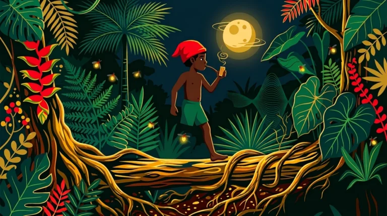 Menino de uma perna só com gorro vermelho e cachimbo em uma floresta tropical, ilustrando o mito do Saci-Pererê.