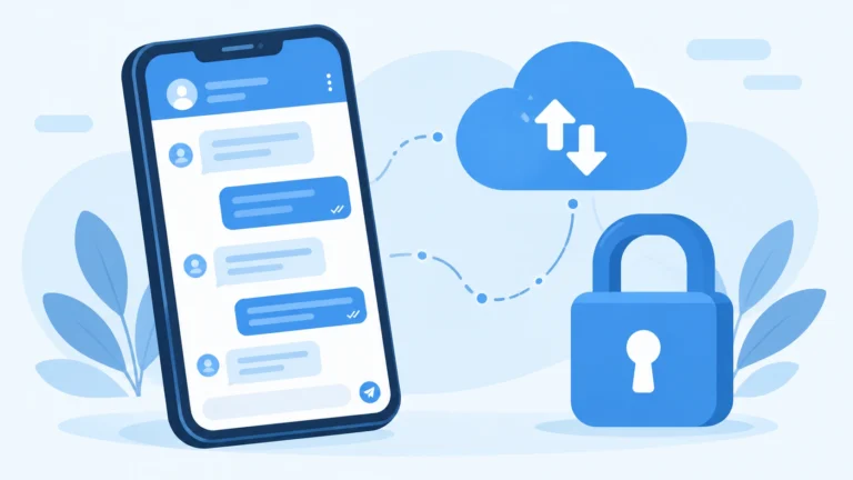 Celular com balões de conversa ligado a um cadeado e uma nuvem, ilustrando os recursos e a segurança do Telegram.