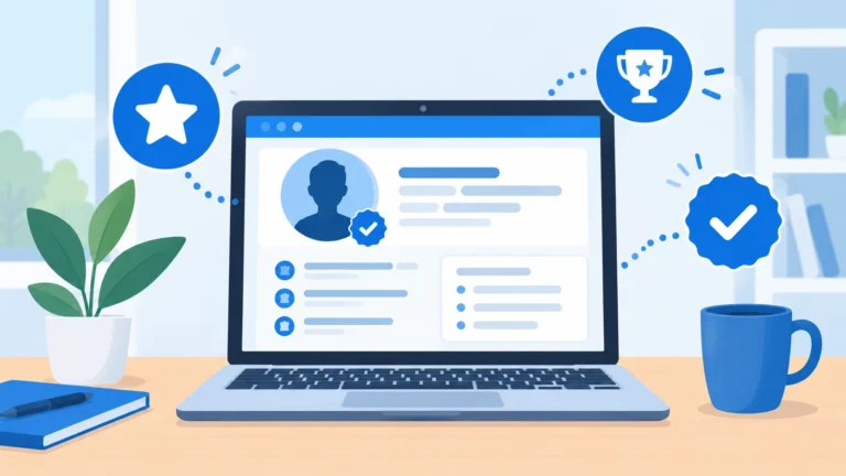 Tela de notebook com um perfil profissional genérico e ícones de troféu e estrela, ilustrando um perfil campeão no LinkedIn.