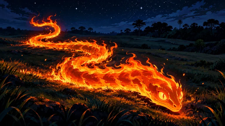 Boitatá, serpente de corpo em chamas e olhos brilhantes, em uma campina à noite, ilustrando a lenda da cobra de fogo.
