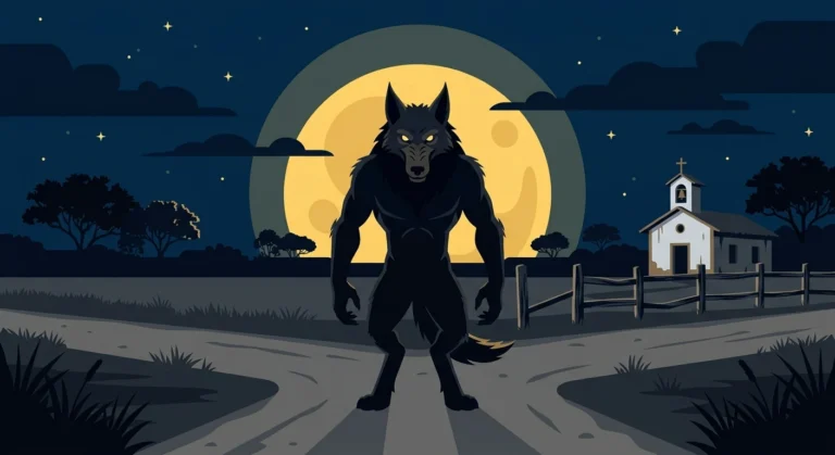 Lobisomem de olhos amarelos em pé numa encruzilhada de terra à noite, com a lua ao fundo, ilustrando a lenda brasileira.