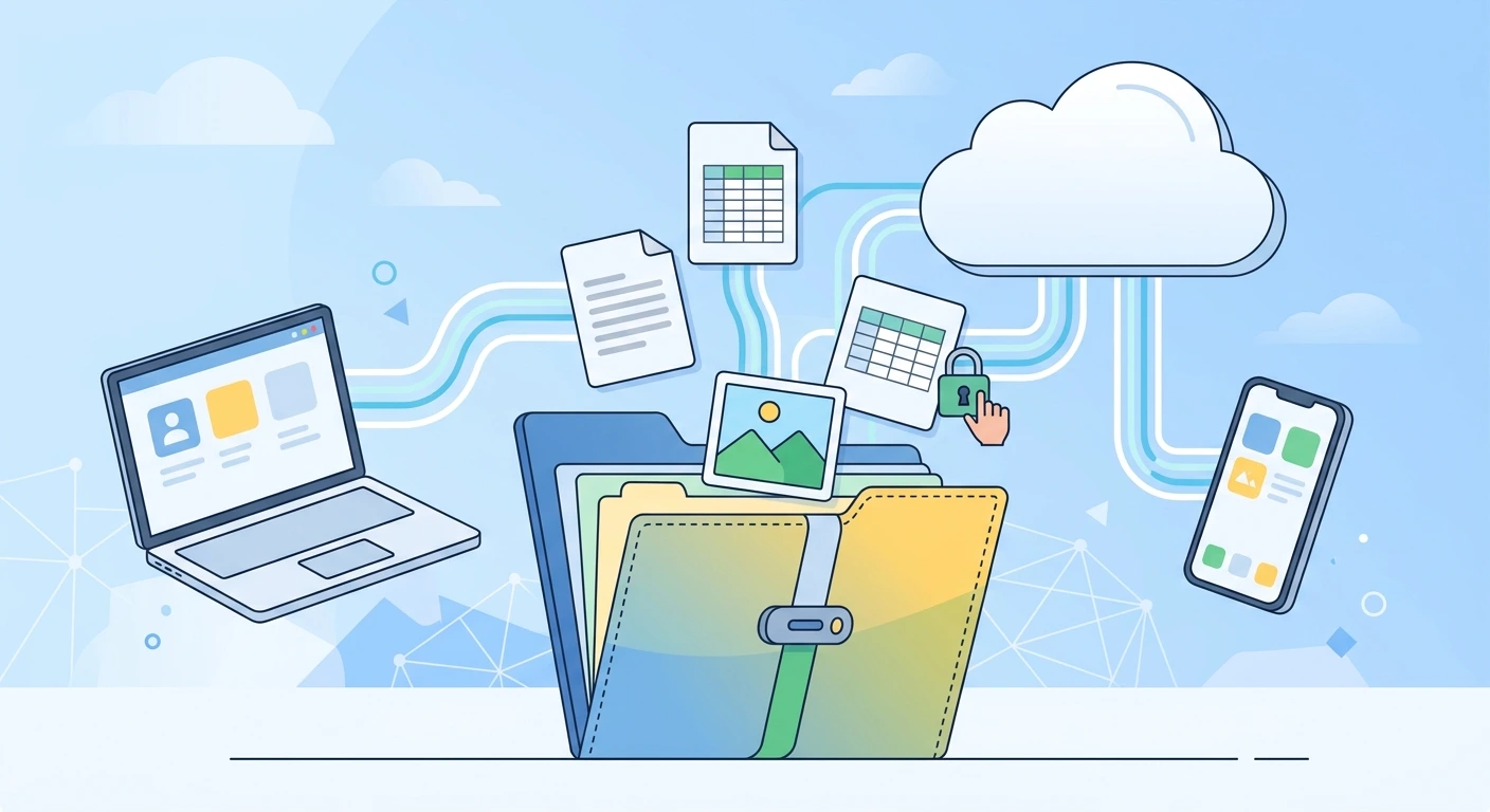 Pasta aberta na nuvem com documentos, planilha e foto conectados a celular e notebook, ilustrando o Google Drive.