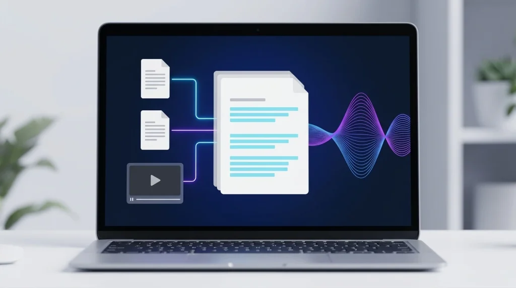 Ilustração de documentos, vídeo e áudio se unindo em um resumo com citações, representando três usos do Gemini Notebook