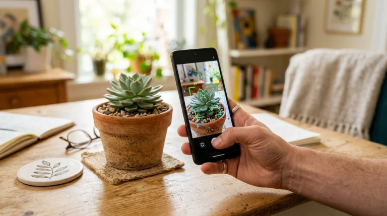 Câmera do celular apontada para uma planta, com sobreposição gráfica de busca visual, ilustrando como usar o Google Lens.